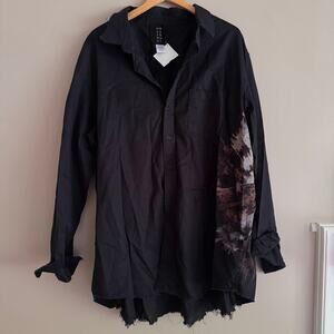 Heyne Bogut Black Button Front Hand Dyed Tunic Blouse Raw Hem Oversized